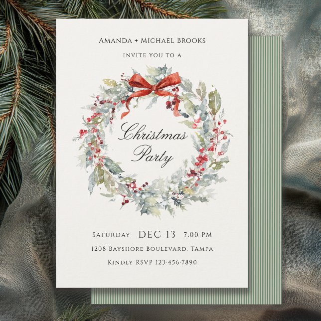 Invitation Couronne festive avec ruban rouge pour la fête de  (Available in both printed and instant download digital formats.)