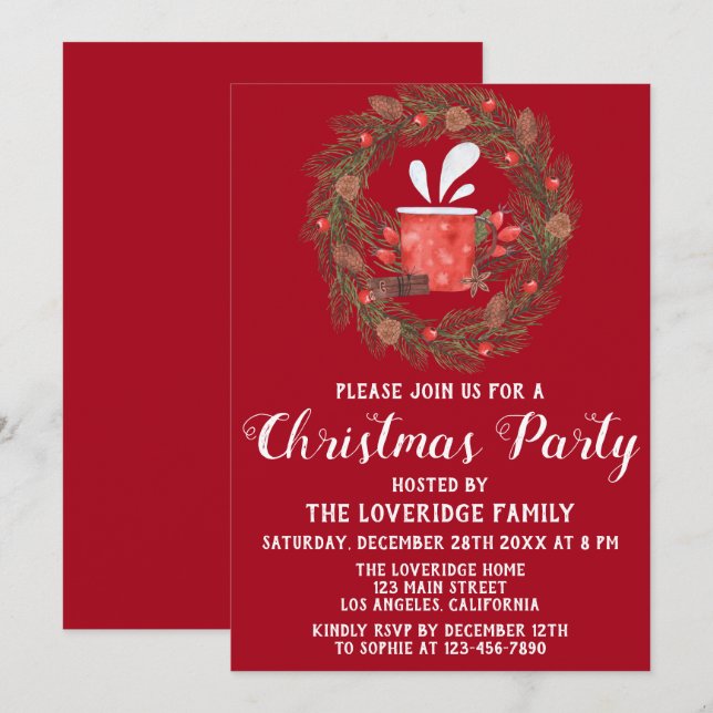 Invitation Couronne festive rouge et verte pour fête de Noël (Devant / Derrière)