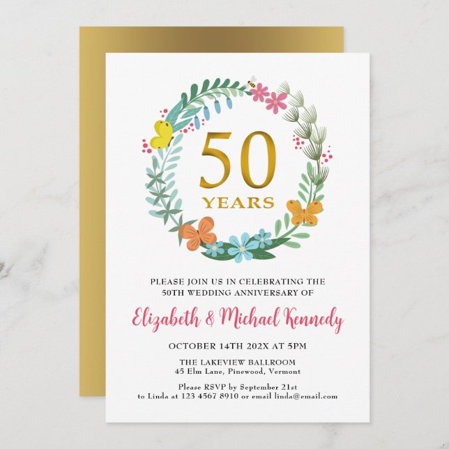 Invitation Couronne Fleurie Dorée du 50e Anniversa (Devant / Derrière)