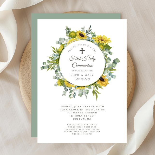 Invitation Couronne Fleurie Élégante Fille Première Communion (Elegant Floral Wreath Girl First Communion Invitation)
