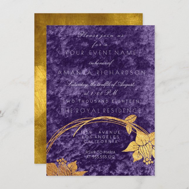 Invitation Couronne fleurie or violet ultra violet pour velou (Devant / Derrière)