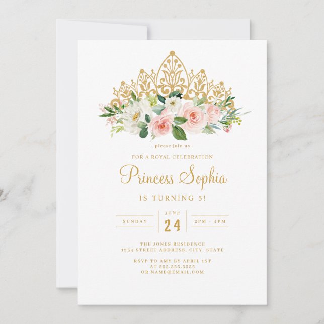 Invitation Couronne Fleurie Princesse Filles Rose Or Annivers (Devant)