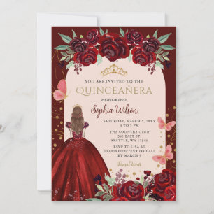 Invitation Couronne Fleurie Princesse Quinceanera Or Rouge