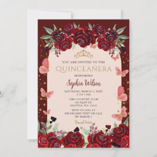 Invitation Couronne Fleurie Princesse Quinceanera Or Rouge