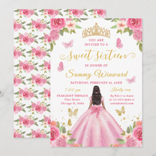 Invitation Couronne Fleurie Rose Princesse Noire Sweet Sixtee