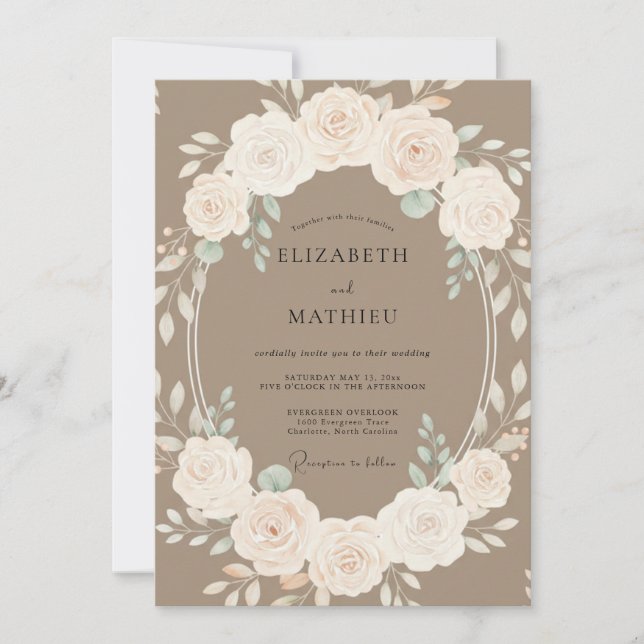 Invitation Couronne Fleurie Taupe Romance Mariage (Devant)