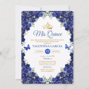Invitation Couronne Fleurs Quinceañera 15 Ans Bleu Royal Or