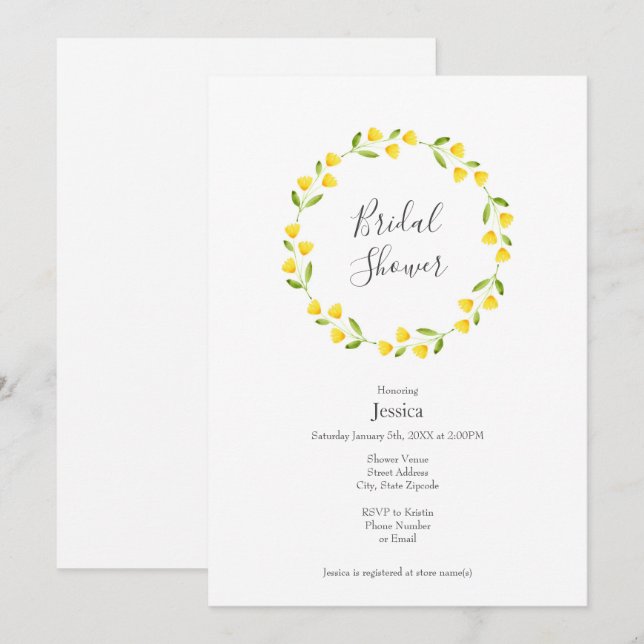 Invitation Couronne florale à l'aquarelle jaune (Devant / Derrière)