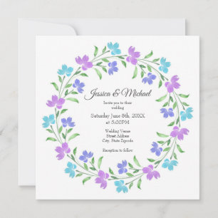 Invitation Couronne florale aquarelle Aqua, Pervenche, Violet