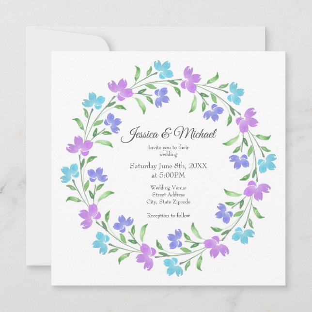 Invitation Couronne florale aquarelle Aqua, Pervenche, Violet (Devant)
