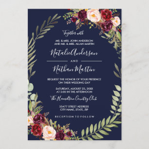 Invitation Couronne florale aquarelle bordeaux marine mariage