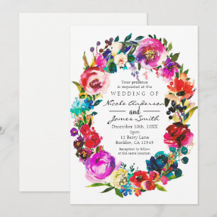 Invitation Couronne florale aquarelle couleur vive mariage
