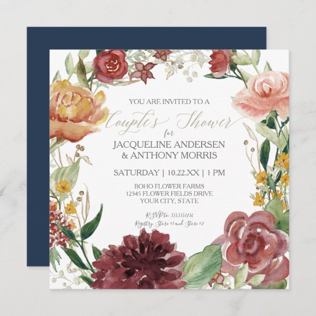 Invitation Couronne florale aquarelle Fleurs rouges Blush Nav (Devant / Derrière)