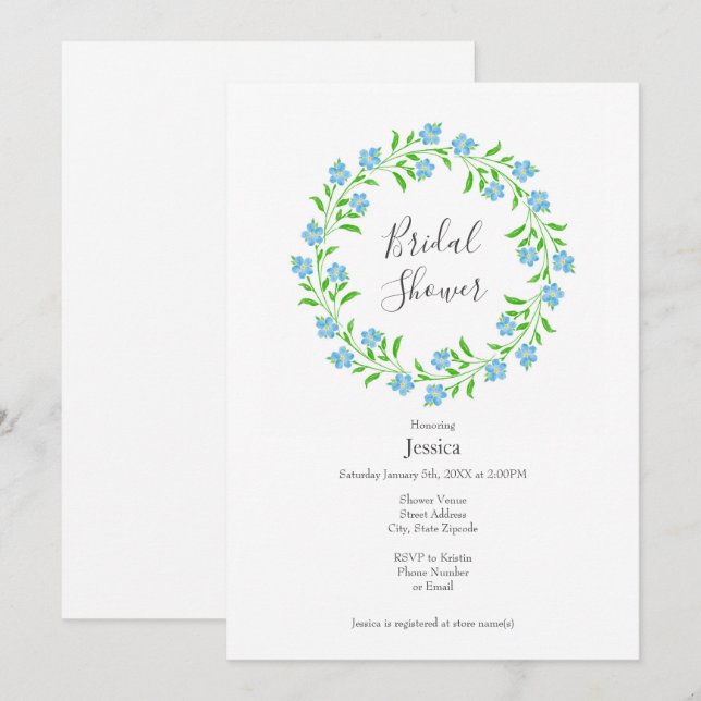 Invitation Couronne florale aquarelle Forget Me Nots  (Devant / Derrière)