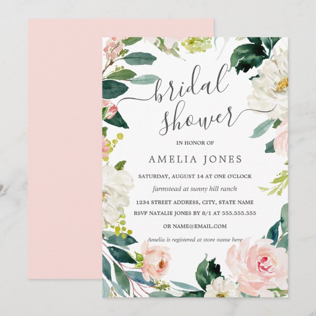 Invitation Couronne florale aquarelle moderne pour douche de  (Devant / Derrière)
