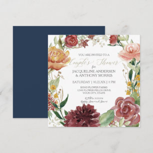 Invitation Couronne florale aquarelle Navy Blush Fleurs Rouge