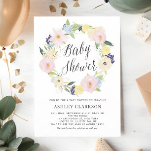 Invitation Couronne florale aquarelle pastel pour Baby Shower