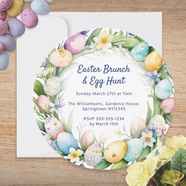 Invitation Couronne florale aquarelle pour brunch de Pâques e (A round invitation card for an Easter Brunch and Egg Hunt, with custom text and pastel wreath)