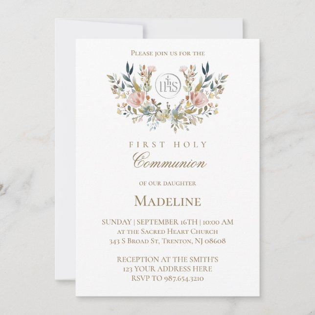 Invitation couronne florale aquarelle première communion (Devant)