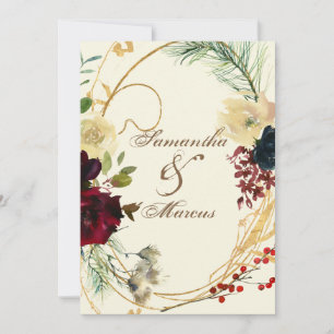 Invitation Couronne florale aquarelle rouge Bourgogne or mari