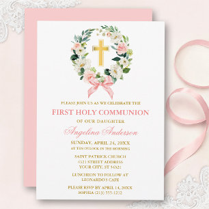 Invitation Couronne florale aquarelle Ruban rose or Communion