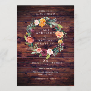 Invitation Couronne florale aquarelle rustique de mariage