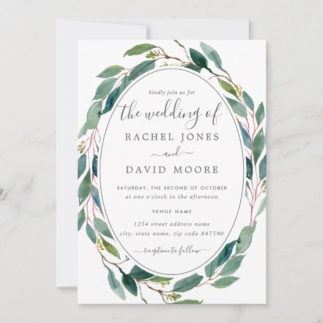 Invitation Couronne florale aquarelle verte Mariage (Devant)