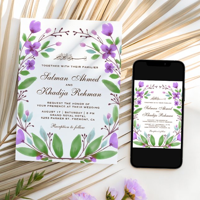 Invitation Couronne florale aquarelle violette Mariage islami (Créateur téléchargé)