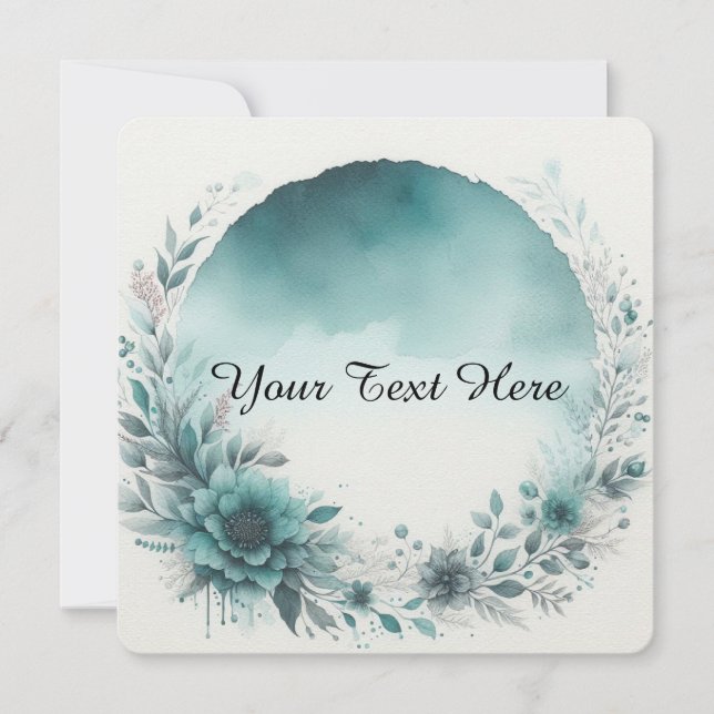 Invitation Couronne florale avec fond aquarelle sarcelle (Devant)