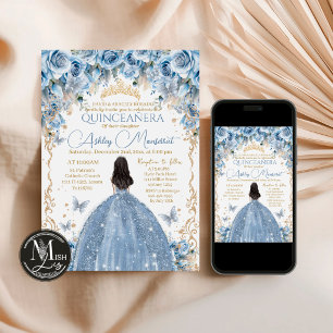 Invitation Couronne florale bébé bleu et or pour Quinceañera