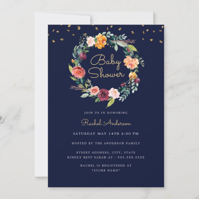 Invitation Couronne florale bébé Navy Or Shower (Devant)