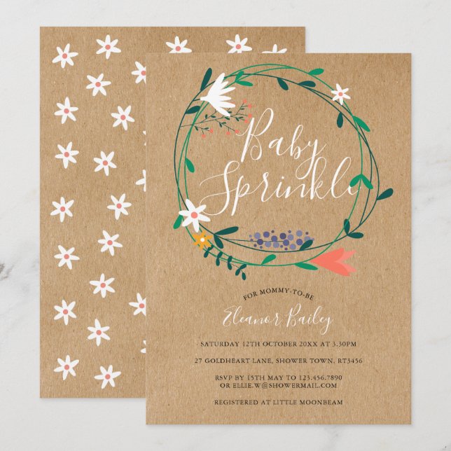 Invitation Couronne florale bébé sprinkle rustique kraft boho (Devant / Derrière)