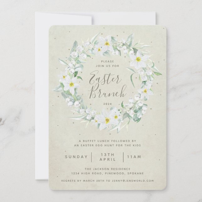 Invitation Couronne florale beige et blanc pour brunch de Pâq (Devant)
