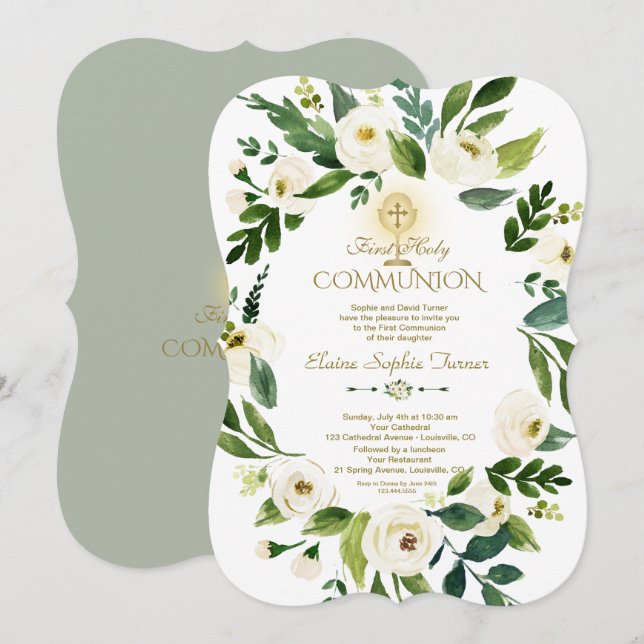 Invitation Couronne florale blanche charmeuse Croix Sainte Co (Devant / Derrière)