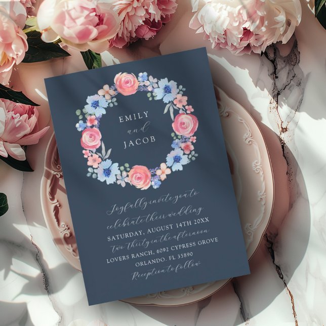 Invitation Couronne florale bleu foncé moderne aquarelle de m (Créateur téléchargé)