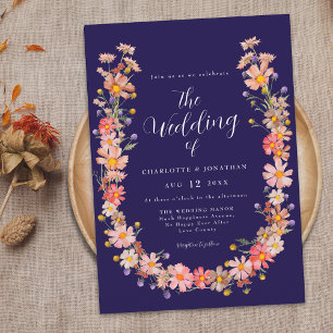 Invitation Couronne florale bleu marine Mariage d'automne