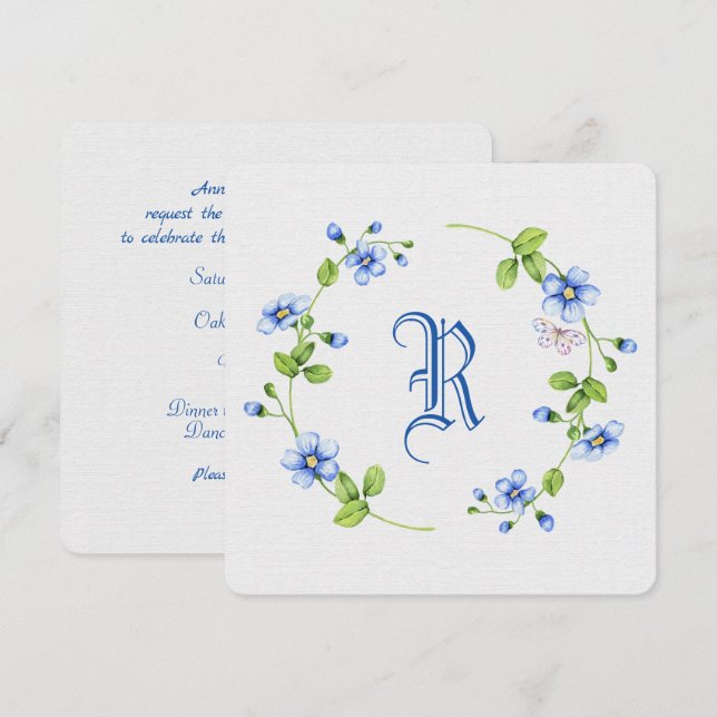 Invitation couronne florale bleu simple avec monogramme (Devant / Derrière)