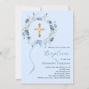 Invitation Couronne florale bleue arc garçon baptême