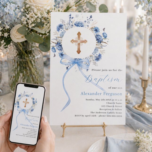 Invitation Couronne florale bleue arc garçon baptême (Créateur téléchargé)