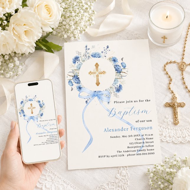 Invitation Couronne florale bleue arc garçon crème baptême (Créateur téléchargé)