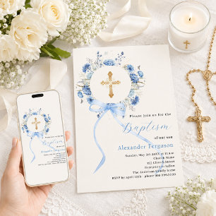 Invitation Couronne florale bleue arc garçon ivoire baptême