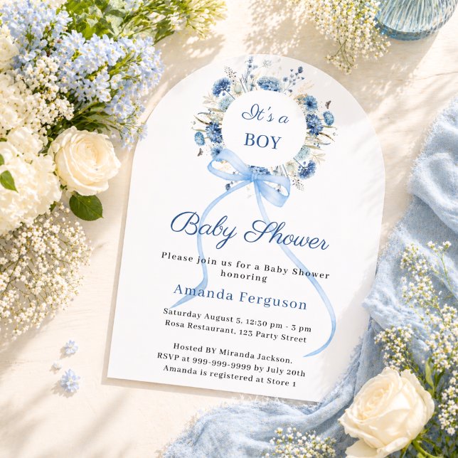 Invitation Couronne florale bleue en forme d'arche pour garço (Créateur téléchargé)