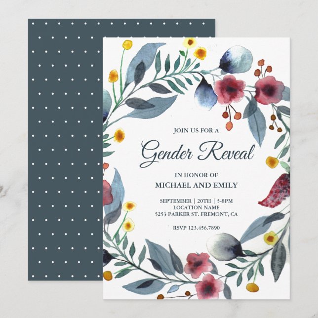 Invitation Couronne florale bleue et rose rustique pour révél (Devant / Derrière)