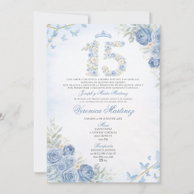 Invitation Couronne florale bleue poussiéreuse espagnole Papi (Devant)
