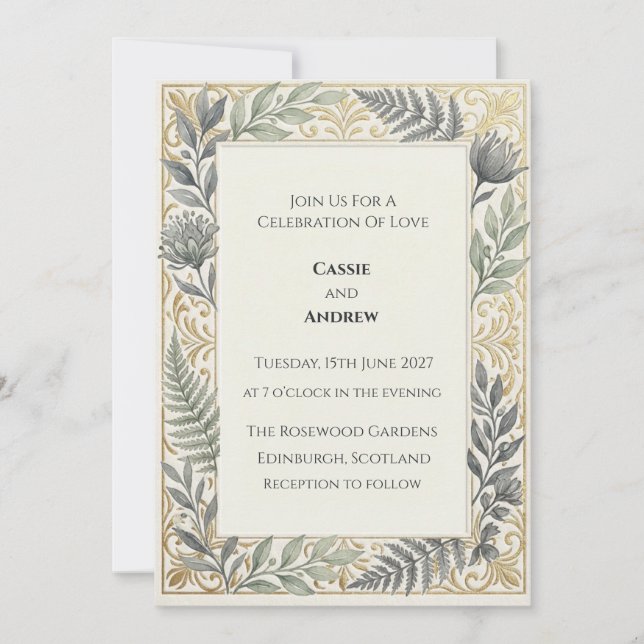 Invitation Couronne florale Blue Gold Mariage (Devant)