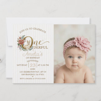 Invitation Couronne florale boho pour le 1er anniversaire de