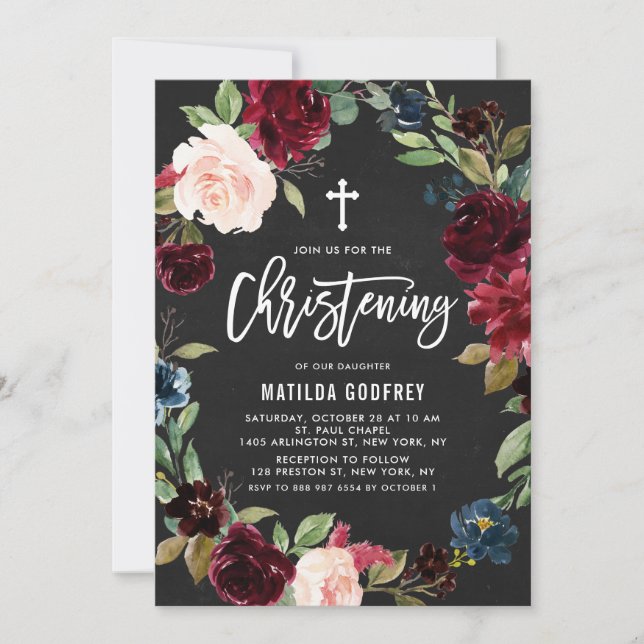 Invitation Couronne florale bordeaux Boho sur tableau noir po (Devant)