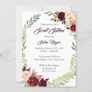 Invitation Couronne florale bordeaux pour un Sweet Sixteen
