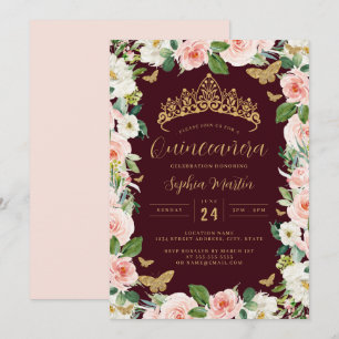 Invitation Couronne florale bordeaux rose orée Quinceanera