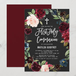 Invitation Couronne florale bordeaux sur tableau pour premièr
